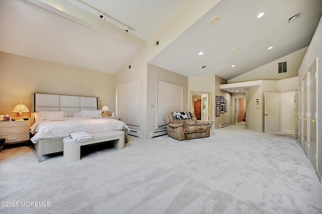 44 Nikki Ct, Morganville, NJ 07751 - bedroom with track lighting, visible vents, high vaulted ceiling, and light carpet
