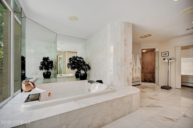 44 Nikki Ct, Morganville, NJ 07751 - full bathroom with a tub with jets, a shower stall, visible vents, and baseboard heating