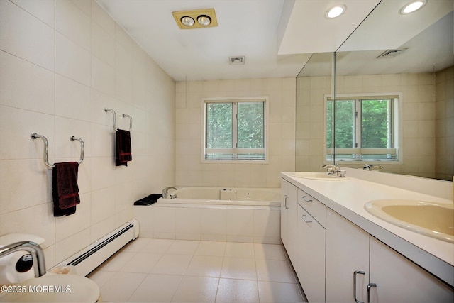 44 Nikki Ct, Morganville, NJ 07751 - full bathroom with a baseboard heating unit, tile walls, and a sink