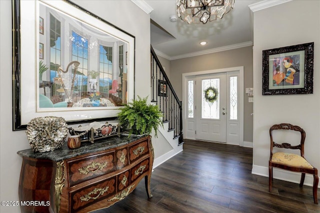 136 Lilac Dr, Brick, NJ 08724 - entryway with baseboards, stairs, dark wood-type flooring, and an inviting chandelier