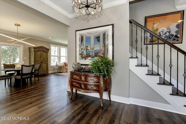 136 Lilac Dr, Brick, NJ 08724 - foyer entrance with stairs, dark wood-style flooring, and a chandelier