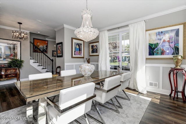 136 Lilac Dr, Brick, NJ 08724 - dining space with visible vents, ornamental molding, stairs, and a notable chandelier