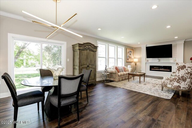 136 Lilac Dr, Brick, NJ 08724 - dining space featuring a healthy amount of sunlight, ornamental molding, recessed lighting, and dark wood-type flooring