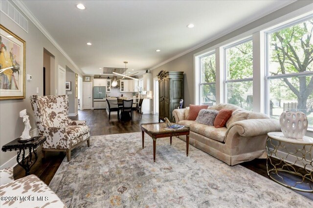 136 Lilac Dr, Brick, NJ 08724 - living area featuring crown molding, recessed lighting, dark wood-style flooring, and visible vents
