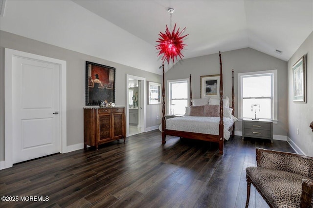 136 Lilac Dr, Brick, NJ 08724 - bedroom with visible vents, baseboards, dark wood-style floors, connected bathroom, and vaulted ceiling