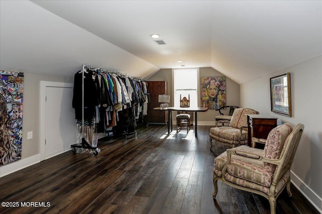 136 Lilac Dr, Brick, NJ 08724 - interior space with baseboards, vaulted ceiling, dark wood finished floors, and visible vents