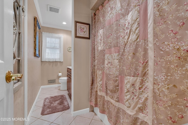 bathroom with tile patterned flooring, baseboards, visible vents, and toilet