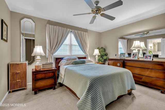 bedroom featuring multiple windows, light carpet, and ornamental molding