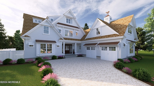 shingle-style home featuring decorative driveway and a garage