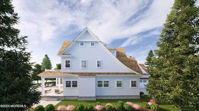 back of property featuring a patio area and a lawn