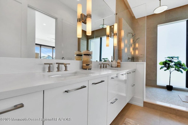 bathroom featuring walk in shower, double vanity, and a sink