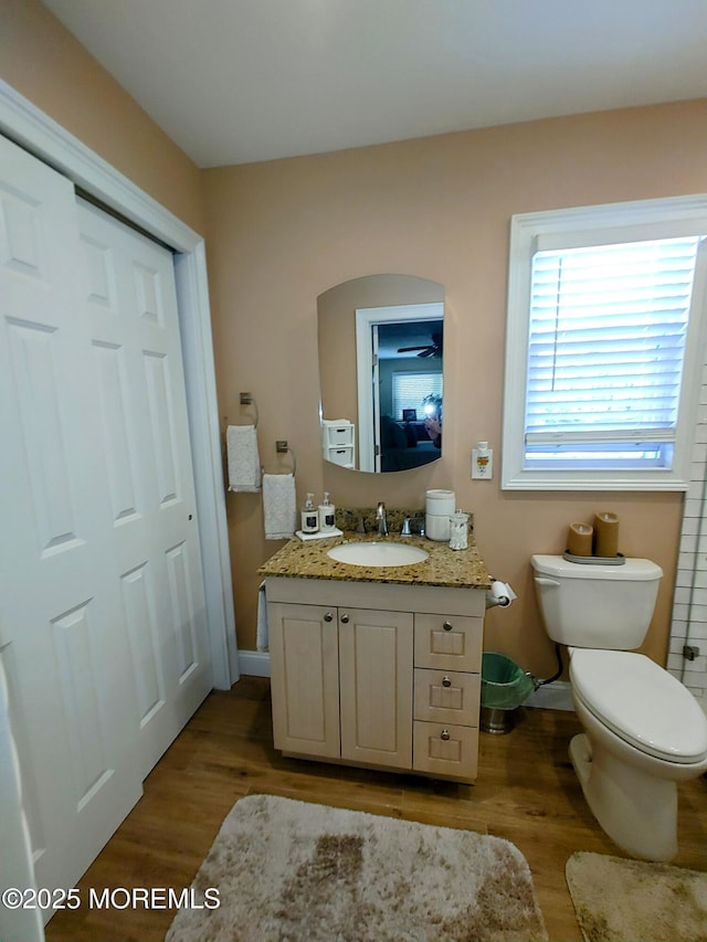 bathroom with vanity, baseboards, wood finished floors, and toilet