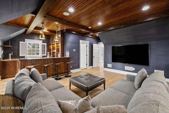 living area with wooden ceiling, wood finished floors, recessed lighting, baseboards, and beam ceiling