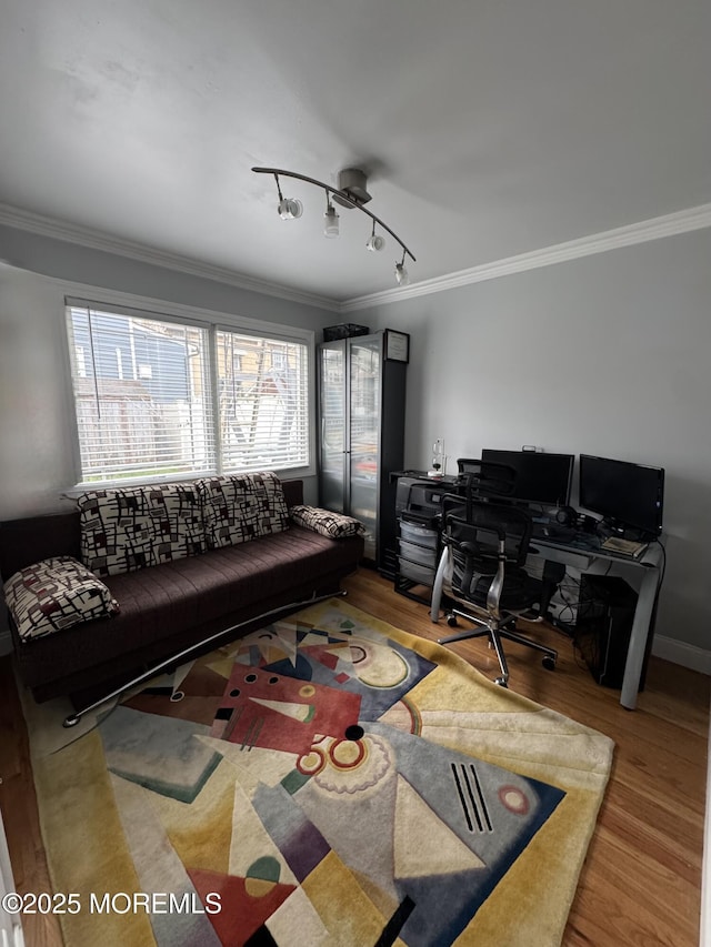 12 Yates Ave, South River, NJ 08882 - living area with ornamental molding, wood finished floors, an office area, and track lighting