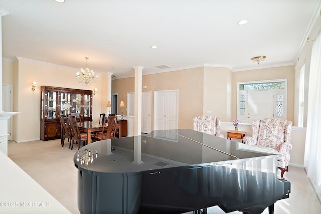 dining space with ornamental molding, recessed lighting, a chandelier, and light carpet