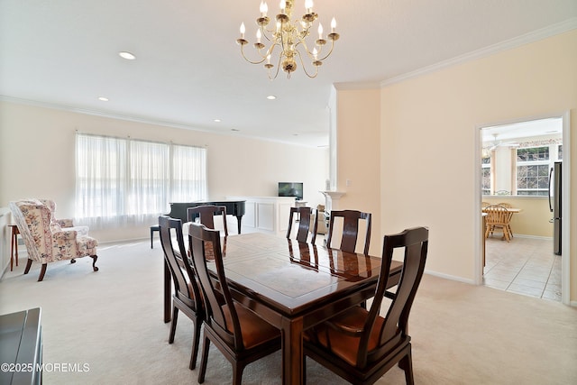 dining room with recessed lighting, an inviting chandelier, crown molding, light carpet, and baseboards