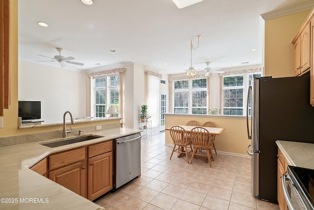 kitchen with a ceiling fan, a sink, stainless steel appliances, and plenty of natural light