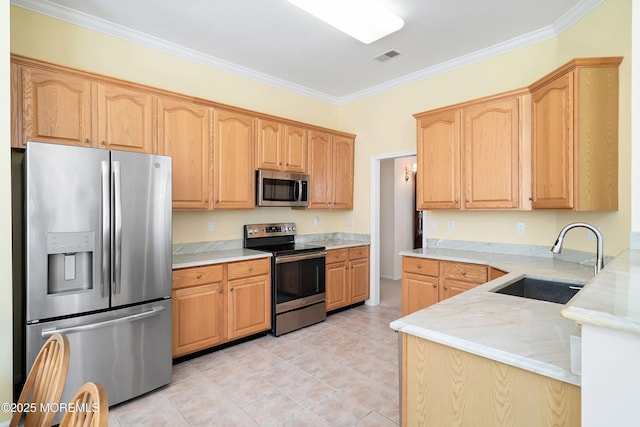 kitchen featuring light tile patterned floors, crown molding, a sink, stainless steel appliances, and light stone countertops