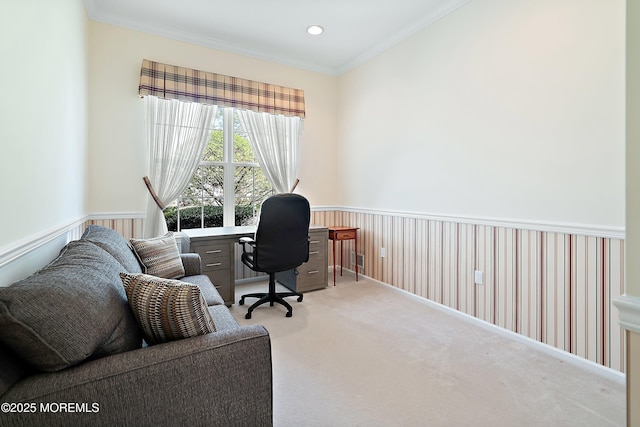 office area with carpet, crown molding, and a wainscoted wall