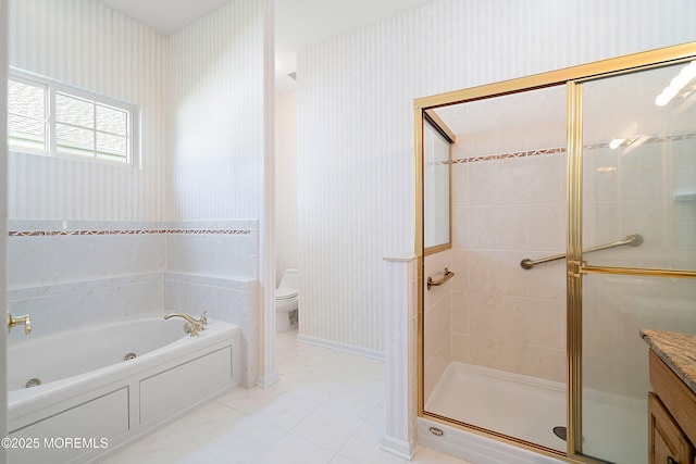 bathroom featuring a whirlpool tub, tile patterned floors, wallpapered walls, toilet, and a stall shower