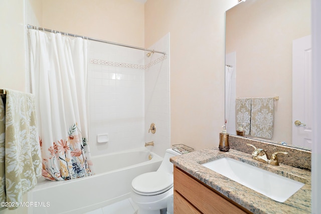 bathroom with vanity, toilet, and shower / tub combo with curtain