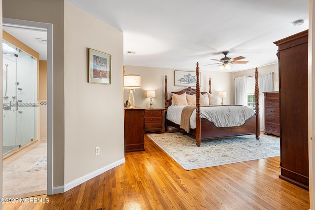 bedroom with baseboards, visible vents, ceiling fan, and light wood finished floors