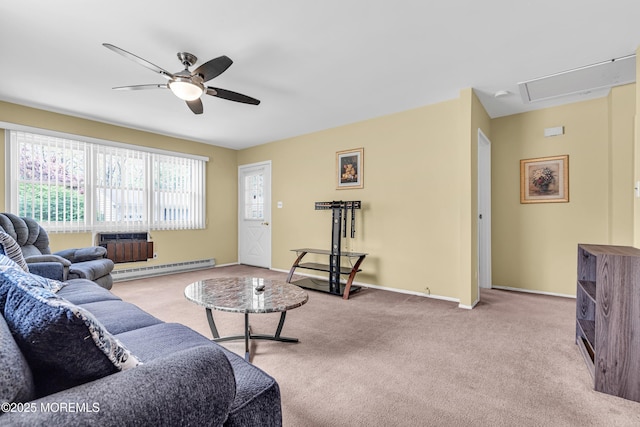 11A Hawaii Way, Whiting, NJ 08759 - carpeted living room with baseboard heating, attic access, an AC wall unit, baseboards, and ceiling fan