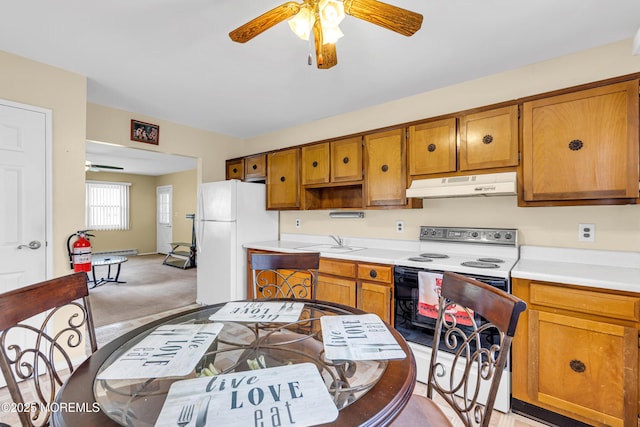 11A Hawaii Way, Whiting, NJ 08759 - kitchen featuring under cabinet range hood, a sink, ceiling fan, and white appliances