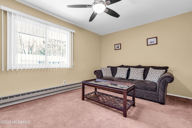 11A Hawaii Way, Whiting, NJ 08759 - carpeted living room with a baseboard heating unit, baseboards, and ceiling fan