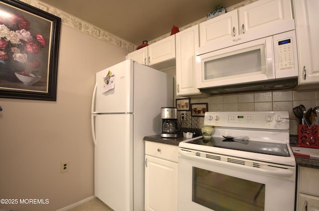 27 Moccasin Dr, Whiting, NJ 08759 - kitchen featuring white appliances, tasteful backsplash, dark countertops, and white cabinets
