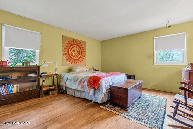 bedroom featuring multiple windows and wood finished floors