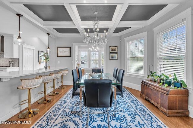 dining area with an inviting chandelier, beam ceiling, baseboards, coffered ceiling, and light wood-style flooring