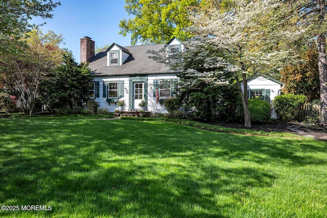 cape cod home with a shingled roof, a front lawn, and a chimney