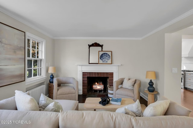 living room featuring crown molding, a brick fireplace, wood finished floors, baseboards, and radiator heating unit