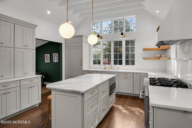 kitchen featuring pendant lighting, dark wood-style flooring, extractor fan, a center island, and appliances with stainless steel finishes