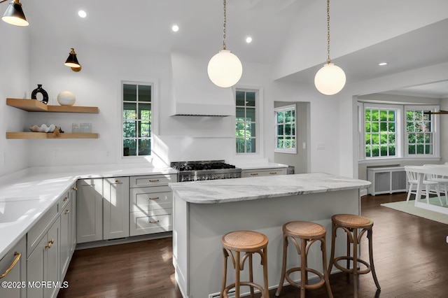 kitchen featuring a kitchen island, decorative light fixtures, gray cabinetry, and dark wood-type flooring