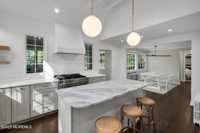 kitchen with a kitchen island, range, dark wood finished floors, premium range hood, and light stone counters