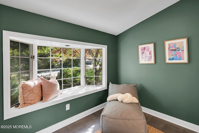 sitting room featuring baseboards and vaulted ceiling