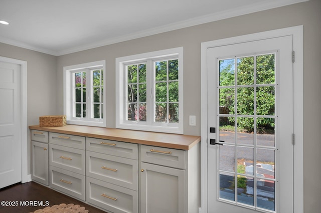 doorway with crown molding and plenty of natural light