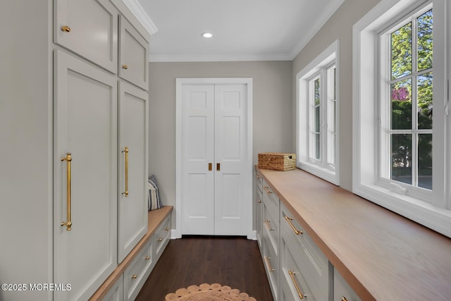 mudroom with recessed lighting, ornamental molding, and dark wood-style flooring
