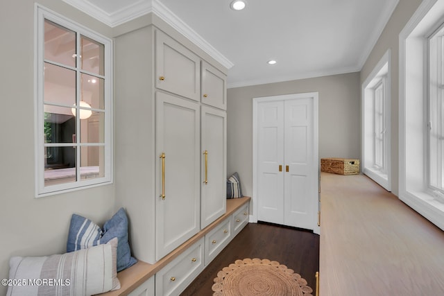 mudroom featuring recessed lighting, ornamental molding, and dark wood-type flooring
