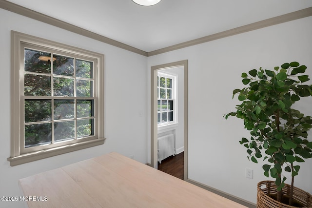 bedroom with crown molding, radiator, and dark wood finished floors