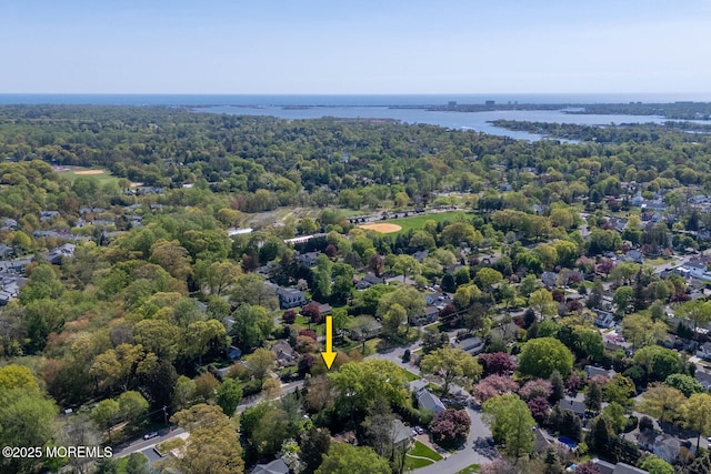 bird's eye view with a water view and a view of trees