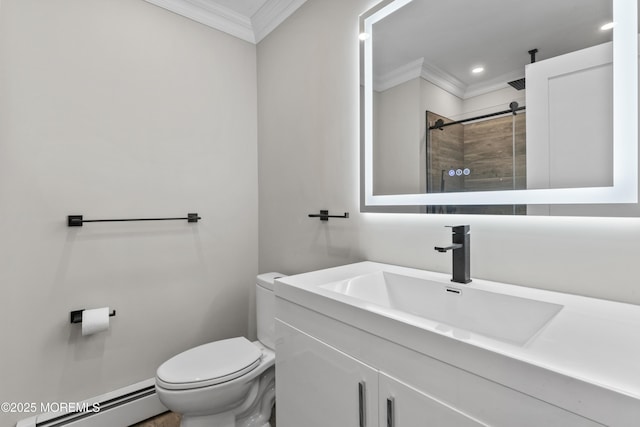full bath featuring baseboard heating, vanity, toilet, ornamental molding, and a stall shower