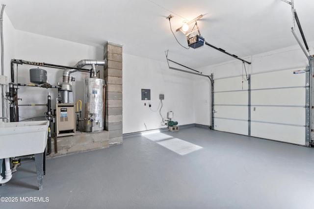 garage featuring electric panel, a sink, a garage door opener, and gas water heater