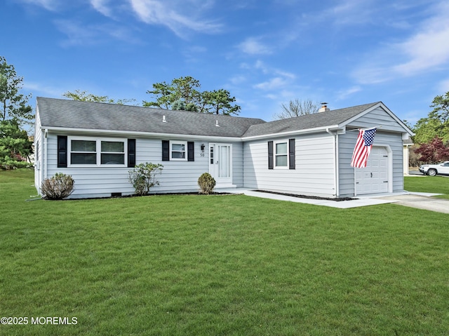 ranch-style house with driveway, a shingled roof, a front yard, and a garage