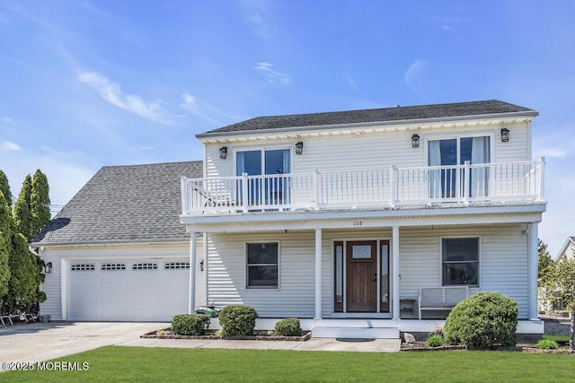 108 Longman St, Toms River, NJ 08753 - view of front of house featuring a porch, a garage, roof with shingles, a balcony, and concrete driveway