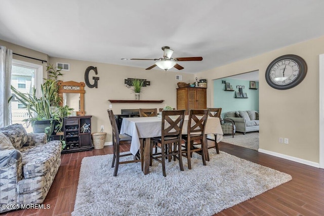 108 Longman St, Toms River, NJ 08753 - dining space with baseboards, visible vents, ceiling fan, and dark wood-style floors