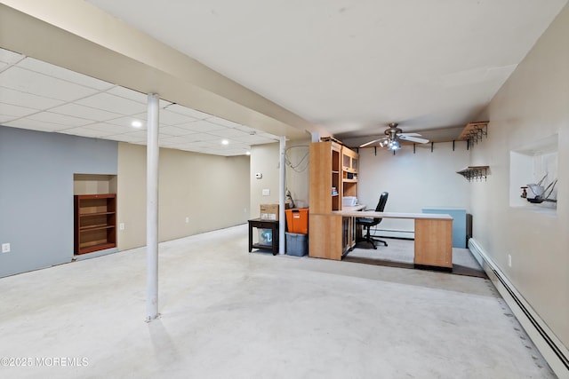 office space with a ceiling fan, recessed lighting, concrete floors, and baseboard heating