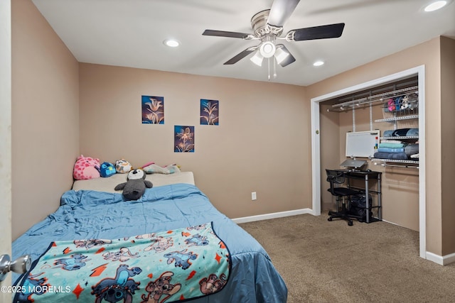 carpeted bedroom with baseboards, ceiling fan, and recessed lighting